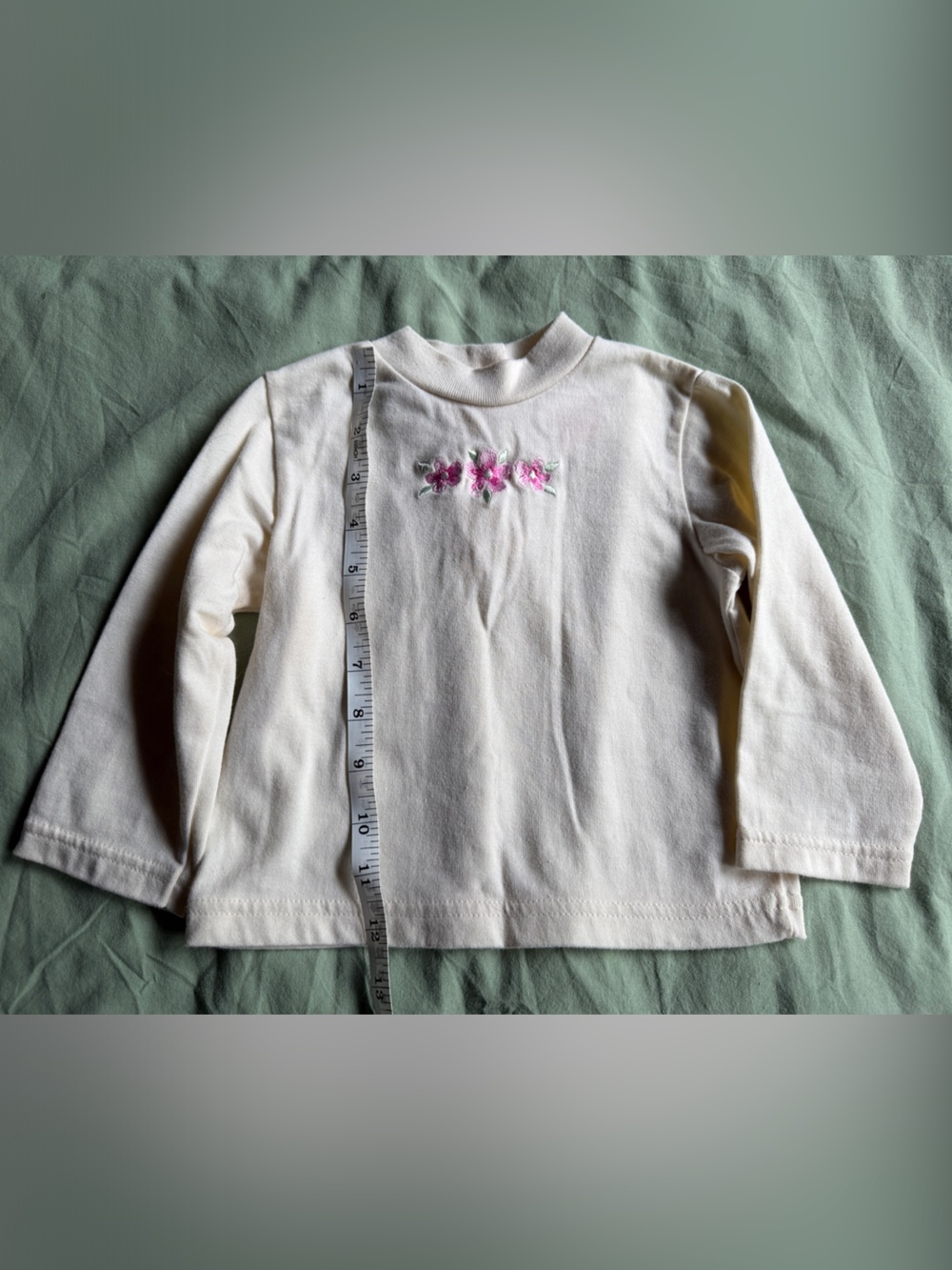 Girls' Cream Long-Sleeve Top with Pink Floral Embroidery